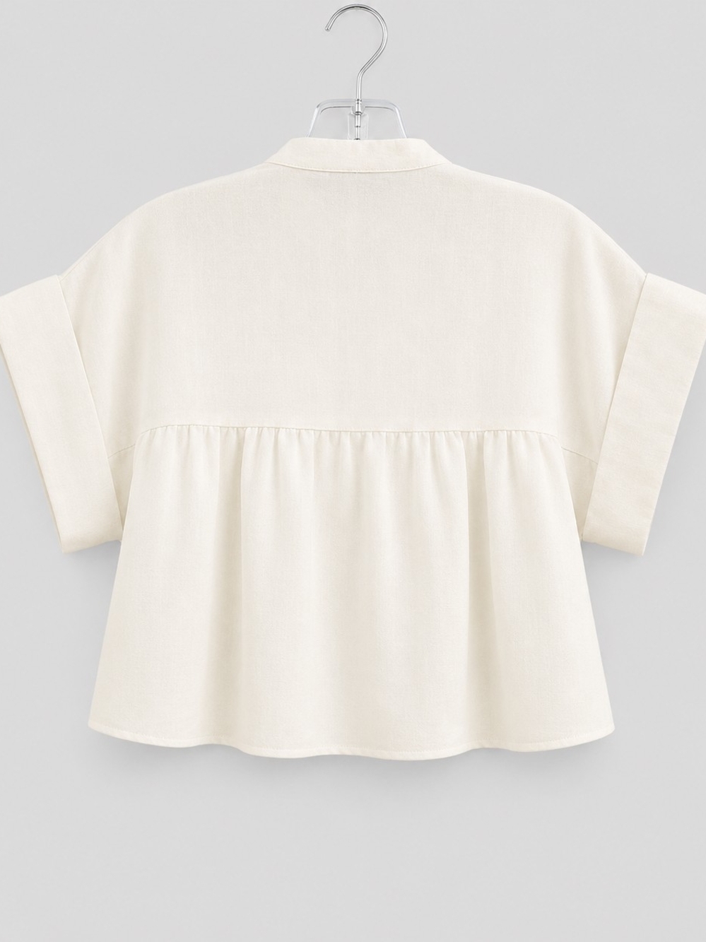 Cider Ribbed Yoke Button-Front Short Sleeve Top - Cream Linen Blend Boxy - Picture 4 of 7